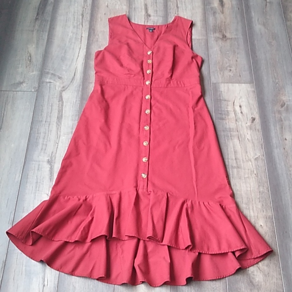 Ann Taylor Factory Coral Red Button-Front Ruffle Hem Dress